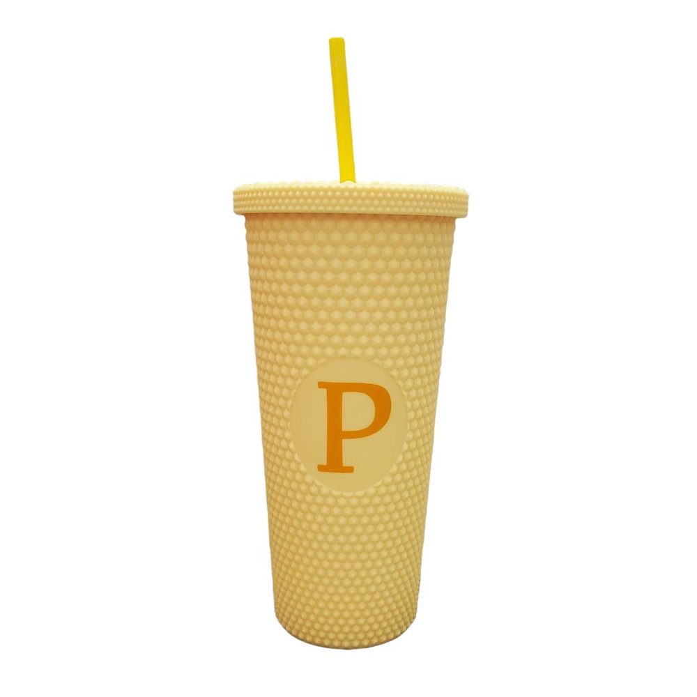 Yellow Monogram "P" Textured Tumbler with Lid & Straw NEW